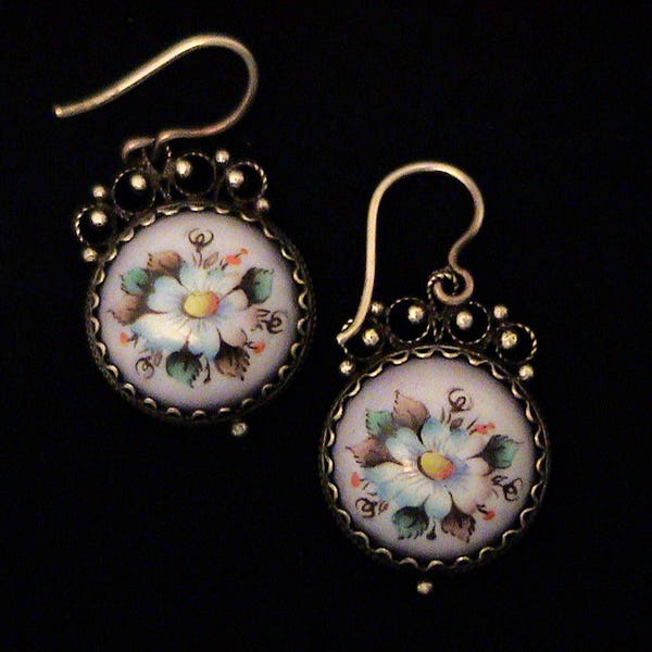 Vintage Russian Rostov Finift Hand Painted Porcelain Earrings