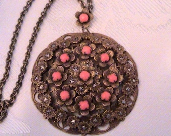 Vintage 1930s Czech Coral Glass & Marcasite Brass Filigree Pendant Necklace