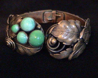 Vintage ART DECO Peking Glass & Brass Leaf Clamper Bracelet Signed Ges Gesch, NEIGER Bros Style