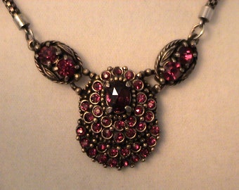 Vintage HOLLYCRAFT Garnet Red Rhinestone Lavalier Necklace, Unmarked