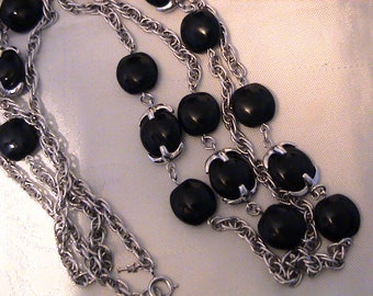 Vintage TRIFARI Waterfall Series Black Lucite Bead & Silver Chain Flapper Necklace