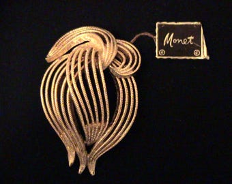 Vintage MONET "Mistigri" Gold Plate Brooch, Original Tag
