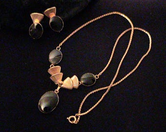 Vintage VAN DELL 12K Gold Filled Black Onyx Necklace Earrings SET