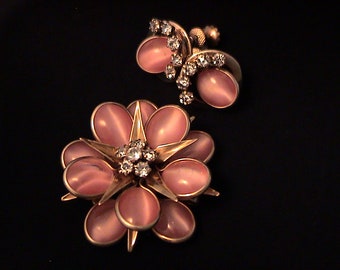 Vintage CRC Charles Reis 12K Gold Filled Pink Cat's Eye Star Flower Pendant Brooch & Earrings Set