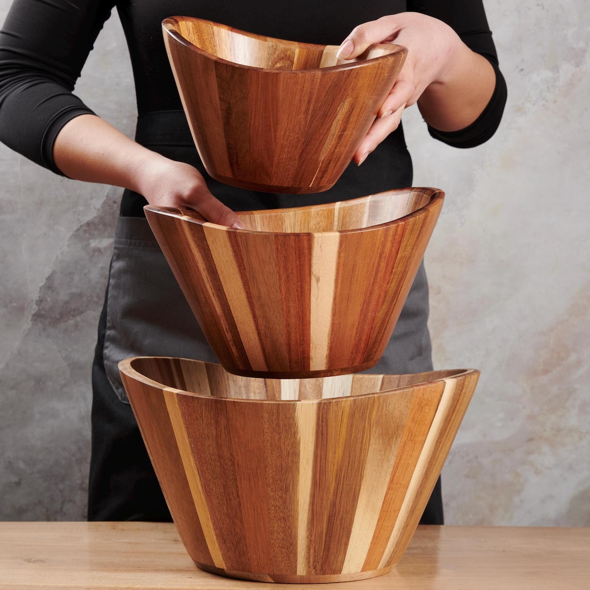 Hand-carved Acacia Wood Salad Bowl Set: Wavy Nesting Bowls - Etsy