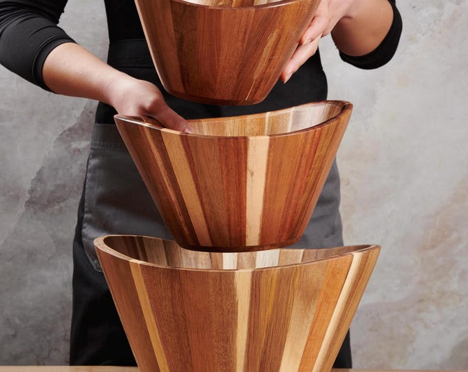 Hand-Carved Acacia Wood Salad Bowl Set: Wavy Nesting Bowls