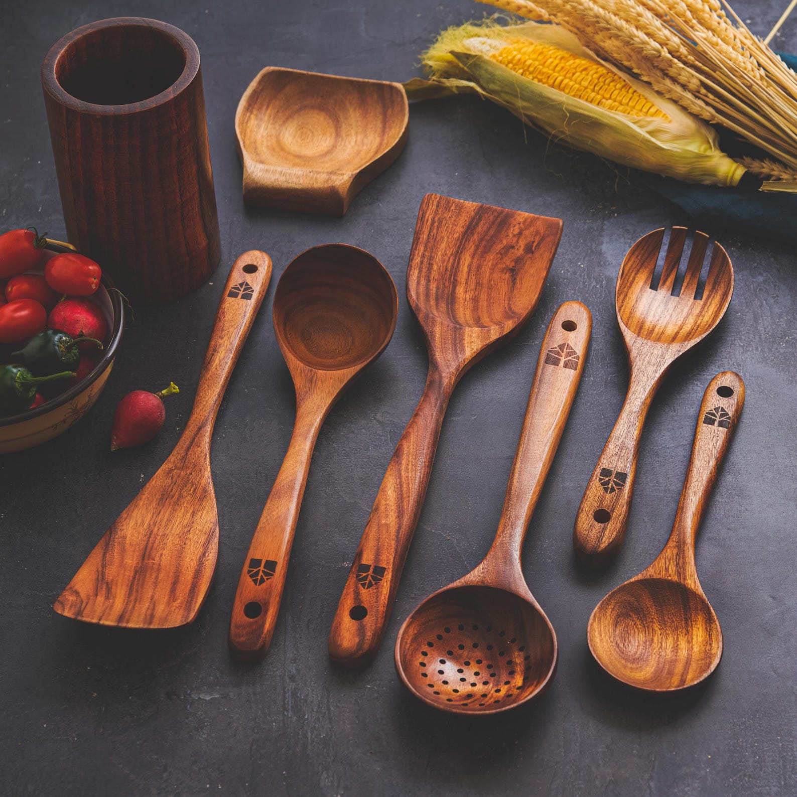 Teak Kitchen Utensil Set: Wooden Spoons, Spatulas, Ladle & Holder