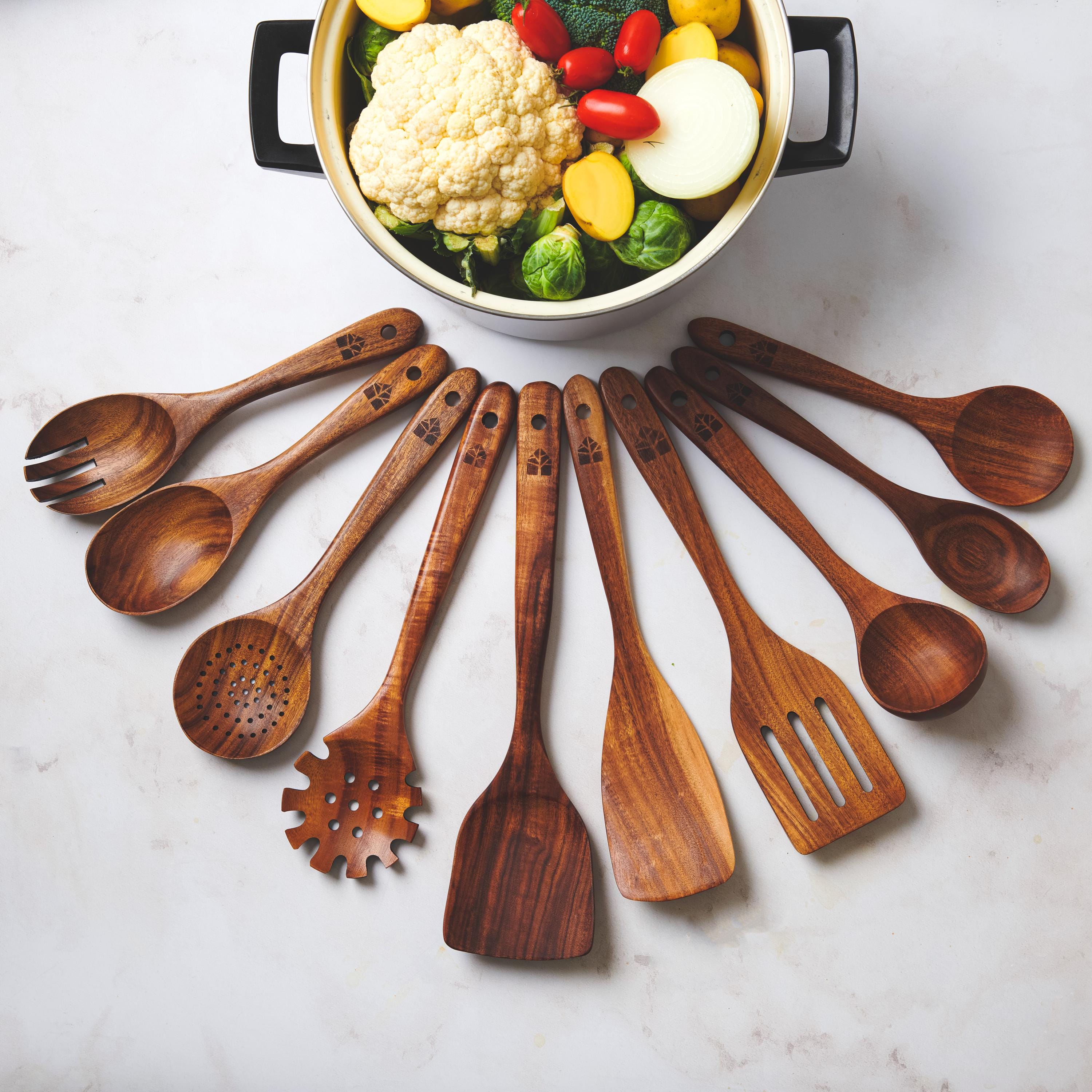 Teak Wood Cooking Utensils Set (10 Pcs) - Nonstick Cookware Safe