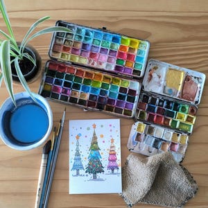 carte fêtes  Noël elegant voeux aquarelle  pièce unique signée peinte à la main style minimaliste couleurs lumineuses
