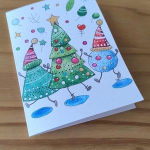 carte fêtes  Noël et petits pompons voeux aquarelle  pièce unique signée peinte à la main style minimaliste couleurs lumineuses