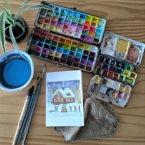 carte fêtes Noël voeux aquarelle Magie de Noël  pièce unique signée peinte à la main style minimaliste couleurs lumineuses
