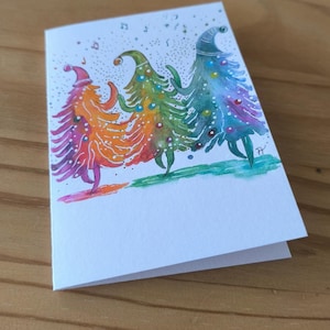 carte fêtes Noël   Farandole de  Noël voeux aquarelle  pièce unique signée peinte à la main style minimaliste couleurs lumineuses