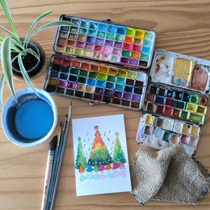 carte fêtes  Noël et farandole voeux aquarelle  pièce unique signée peinte à la main style minimaliste couleurs lumineuses