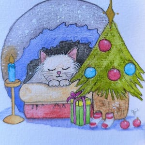 carte fêtes Noël voeux aquarelle  pièce unique signée peinte à la main style minimaliste couleurs lumineuses