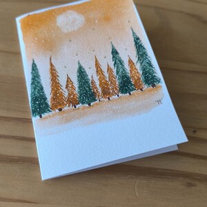 carte fêtes Neige à  Noël voeux aquarelle  pièce unique signée peinte à la main style minimaliste couleurs lumineuses