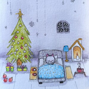 carte fêtes Noël voeux aquarelle  pièce unique signée peinte à la main style minimaliste couleurs lumineuses