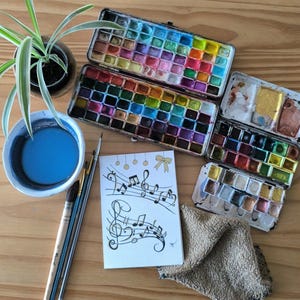 carte fêtes Noël en musique  voeux aquarelle  pièce unique signée peinte à la main style minimaliste couleurs lumineuses