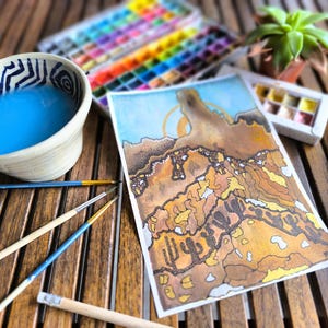 Acquerello Oro e cactus pezzo unico firmato dipinto a mano in stile minimalista colori vivaci