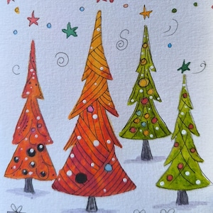 carte fêtes Noël voeux aquarelle  pièce unique signée peinte à la main style minimaliste couleurs lumineuses