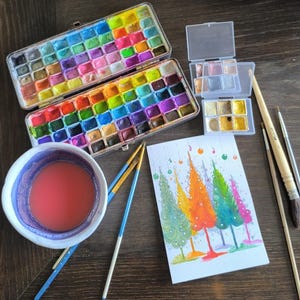 carte fêtes Noël voeux aquarelle  pièce unique signée peinte à la main style minimaliste couleurs lumineuses