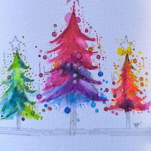 carte fêtes Noël voeux aquarelle  pièce unique signée peinte à la main style minimaliste couleurs lumineuses