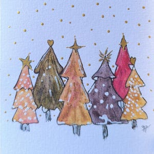 carte fêtes Noël voeux aquarelle  pièce unique signée peinte à la main style minimaliste couleurs lumineuses
