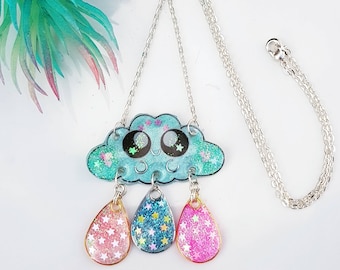 Small cloud. Unique necklace playful original design Tikaille pendant resin rhinestone drops silver metal mid-length cute kawaï star opal