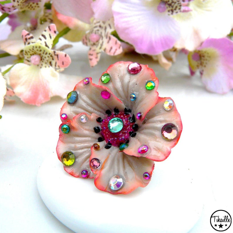 Vintage Flower ღ Bague Unique rose fleur porcelaine froide strass fait main Tikaille. image 2