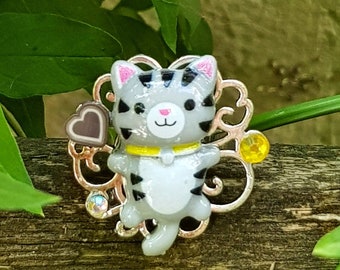 Small Mew gray • Unique ring cat kitty cat silver metal resin rhinestone heart print cute kawaï polymer adjustable