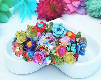 Dreamlike Garden. Unique cold porcelain bracelet Swarovski crystal polymer leaves vintage cabochon spun glass multicolored filigree