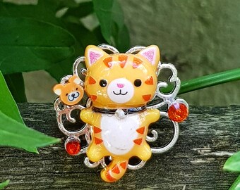 Piccolo Red Mew • Anello unico gatto gattino gatto argento metallo resina strass cuore stampa carino kawaï polimero regolabile