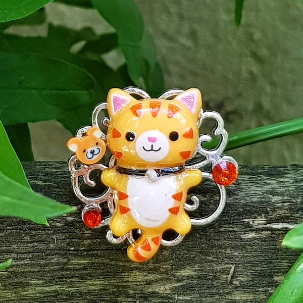 Petit Mew roux • Bague unique chat minou cat métal argenté résine strass coeur estampe mignon kawaï polymère réglable