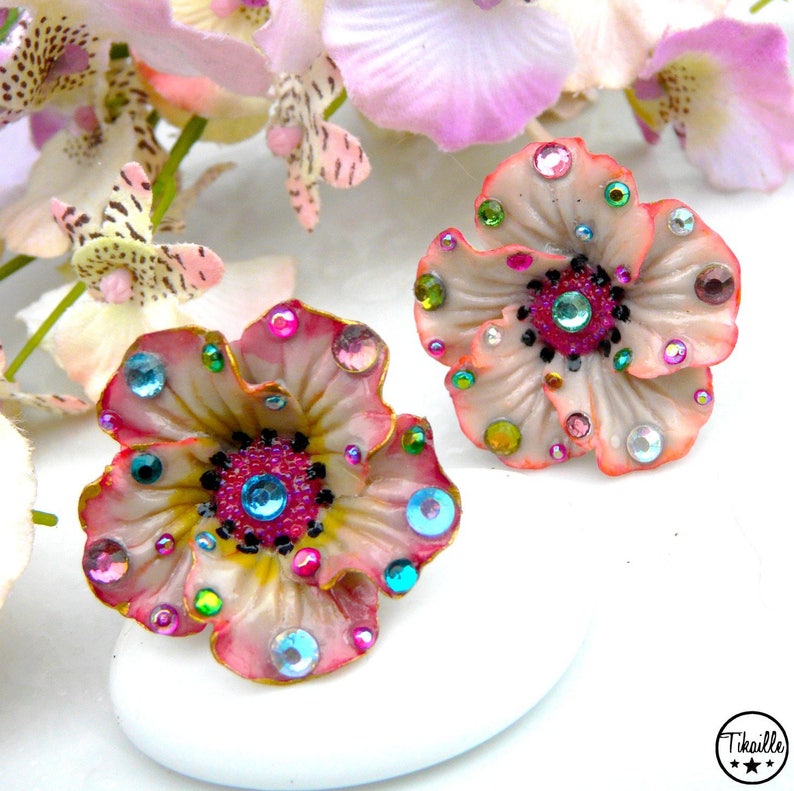 Vintage Flower ღ Bague Unique rose fleur porcelaine froide strass fait main Tikaille. image 5