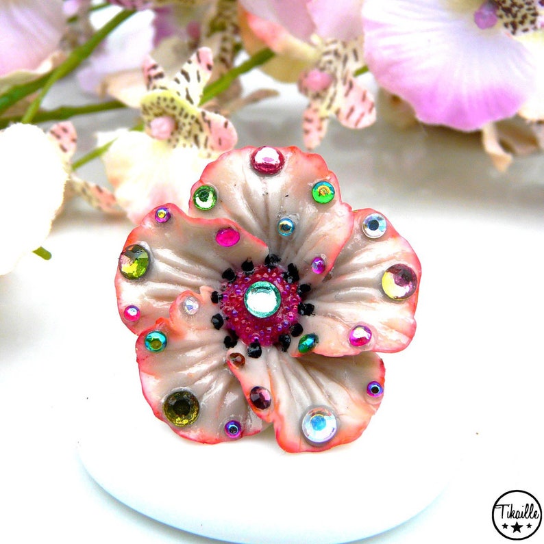 Vintage Flower ღ Bague Unique rose fleur porcelaine froide strass fait main Tikaille. image 1