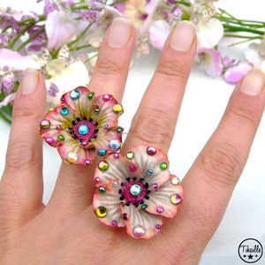 Vintage Flower ღ Bague Unique rose fleur porcelaine froide strass fait main Tikaille. image 4