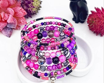 Black Kat Bubbles. Unique bracelet 7 rows cuff pink purple black multi-row glass boho gems adjustable original design Tikaille