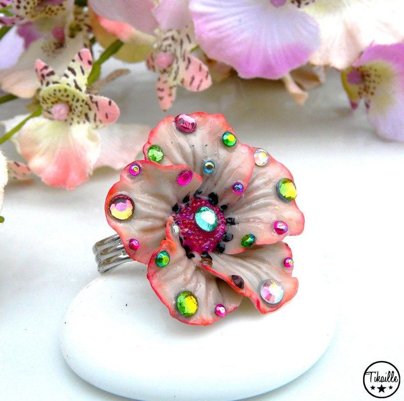 Vintage Flower ღ Bague Unique rose fleur porcelaine froide strass fait main Tikaille. image 3