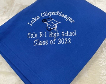 Graduation Blanket, Custom, Embroidered, Personalized, Jersey Sweatshirt Fabric