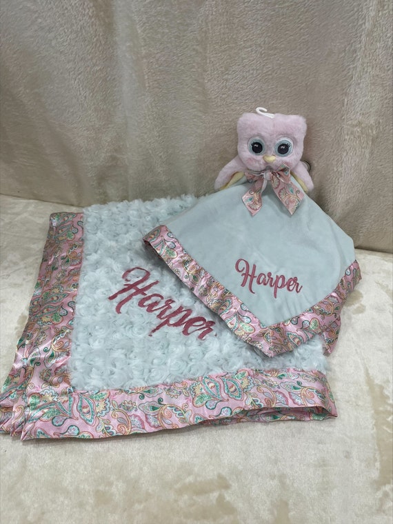 Embroidered Baby Blanket Personalized Swirly Mint Green Minky with Paisley Print Satin Trim