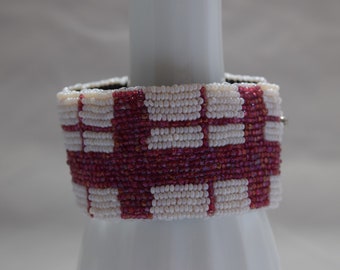 pink plaid - Embroidered Cuff with Antique Beads