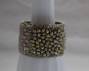 green pearl - Embroidered Cuff with Freshwater Pearls