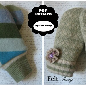 May include: Two pairs of felt mittens, one pair is green and white striped with a blue heart, the other pair is green with a diamond pattern and a purple flower.  PDF Pattern by Felt Sassy.