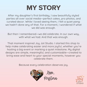 Peut inclure: Un graphique num&eacute;rique avec un fond d&eacute;grad&eacute; bleu clair &agrave; rose pr&eacute;sentant le texte MY STORY suivi d'un r&eacute;cit sur Joy Jot Studio. En bas, une photo en forme de c&oelig;ur d'une famille, la signature Xoxo, Kristina et le logo de Joy Jot Studio.