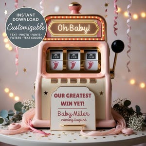 Jackpot Baby Announcement – Casino Pregnancy Reveal Sign, Editable Canva Template, Digital Download