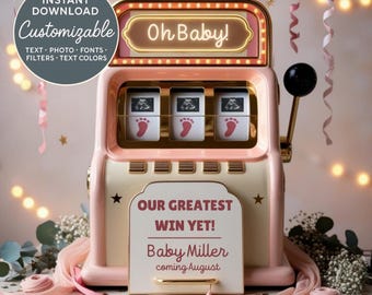 Jackpot Baby Announcement – Casino Pregnancy Reveal Sign, Editable Canva Template, Digital Download