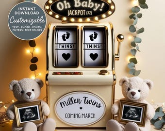 Jackpot Twin Pregnancy Announcement – Editable Canva Template, Digital Twins Reveal Sign Download