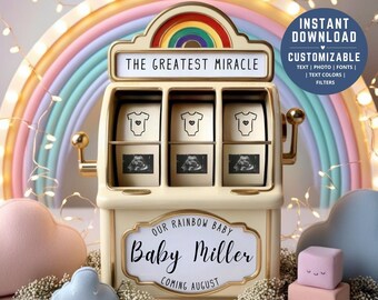 Rainbow Baby Announcement: Slot Machine Pregnancy Reveal (Editable Canva Template, Digital Download