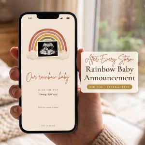May include: A smartphone displaying a digital pregnancy announcement featuring a watercolor rainbow, a black and white ultrasound image, and the text: Our rainbow baby IS ON THE WAY Coming April 2027 With love, Emma & James SEE IT AGAIN.