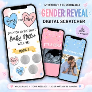 Peut inclure: Trois smartphones affichant un jeu de grattage num&eacute;rique pour r&eacute;v&eacute;lation de genre. Les &eacute;crans pr&eacute;sentent des c&oelig;urs roses et bleus, des cercles &agrave; gratter, des images d'&eacute;chographie et le texte "Gender Reveal Digital Scratcher".