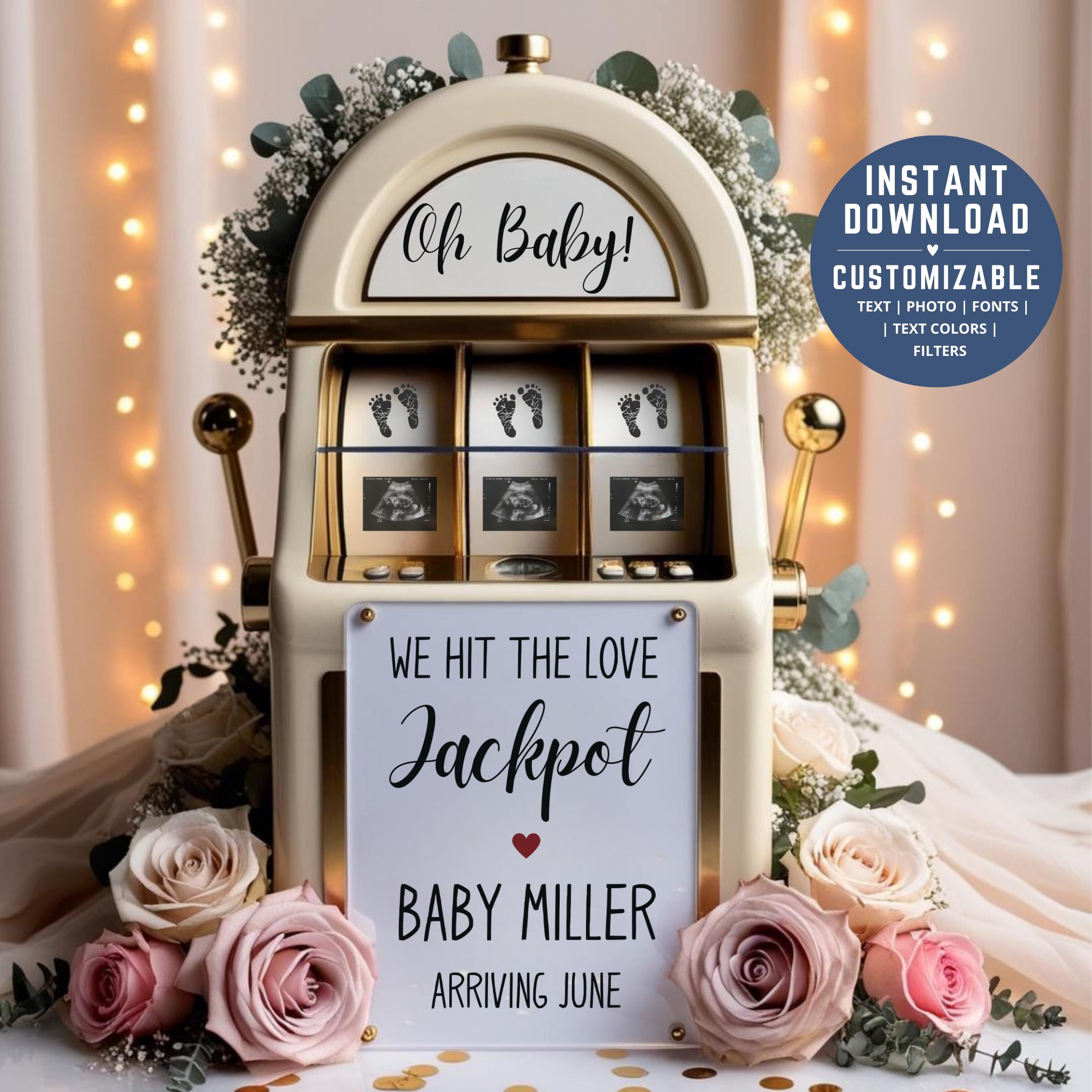 Love Jackpot Pregnancy Announcement: Valentine's Slot Machine, Editable Canva Template (PDF Download)